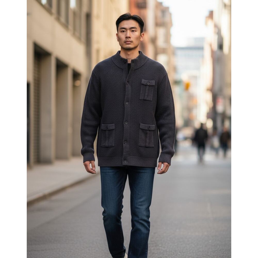 Blue Cardigan Sweater Mens 2XL Dark Gray Mock Neck Button Pockets Grandpa Core